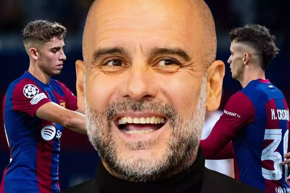 Pep Guardiola amb un gran somriure amb Fermín López i Marc Casadó