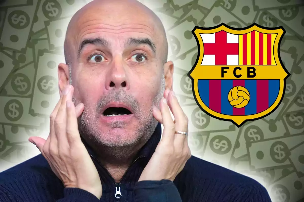 A man with a surprised expression next to the FC Barcelona crest and a background of banknotes.