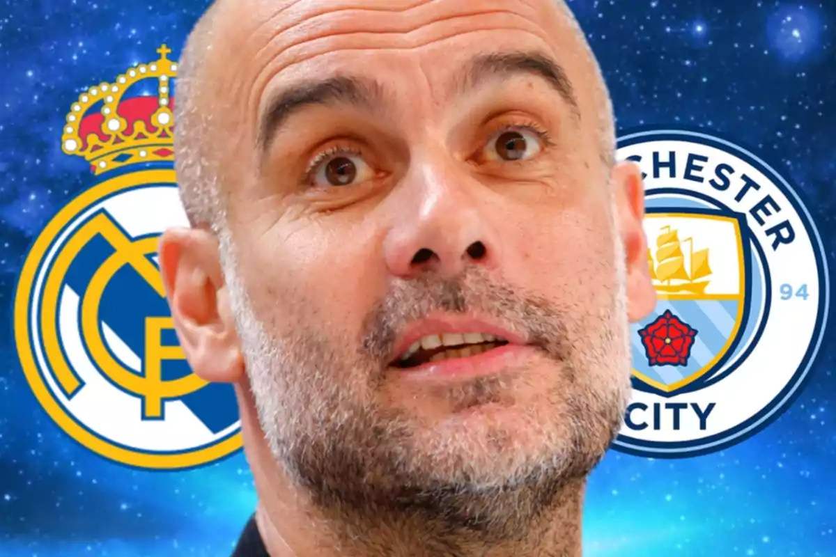 A bald man with a beard in front of the Real Madrid and Manchester City crests against a starry background.