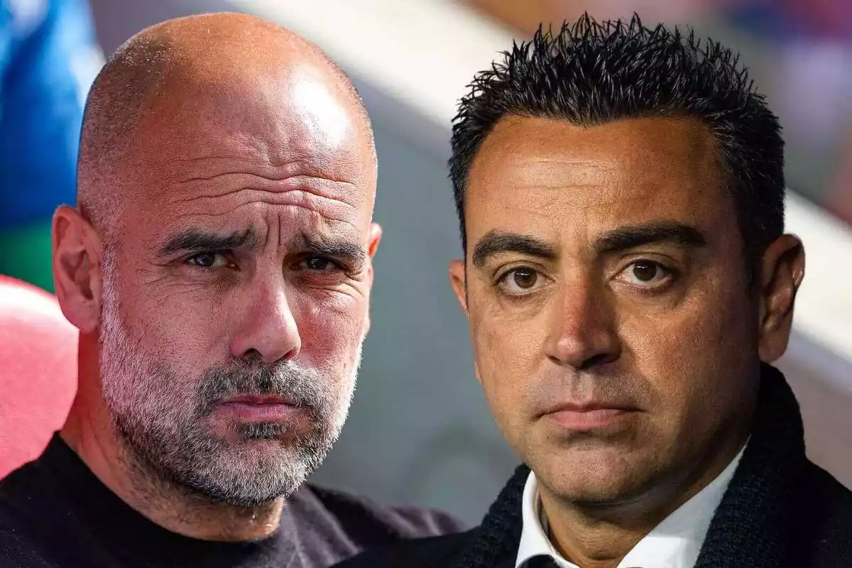 Imatge de Pep Guardiola, tècnic del Manchester City, amb Xavi Hernández, entrenador del F.C.Barcelona