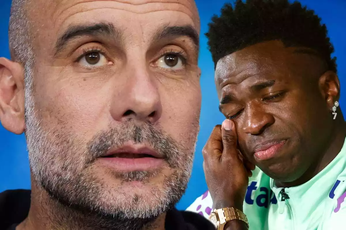 Pep Guardiola en primer pla amb Vinícius Júnior al fons plorant