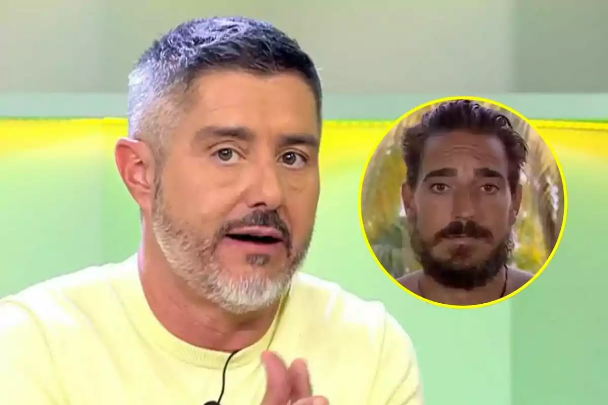 Pepe del Real de cabell curt i barba canosa parlant a Vamos a ver amb la imatge de Damián Quintero barbut a Supervivientes en un cercle groc superposada a la cantonada superior dreta