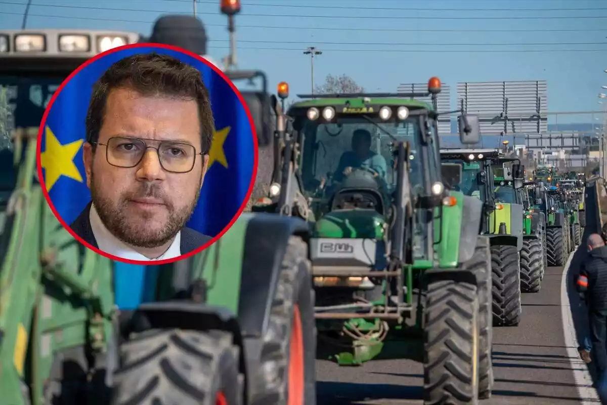 Muntatge amb Pere Aragonès en un cercle i uns tractors al mig d'una autovia