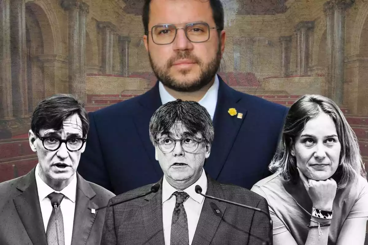 Muntatge fotogràfic amb Pere Aragonès de Fons i amb Salvador Illa, Carles Puigdemont i Jéssica Albiach en blanc i negre en primer pla