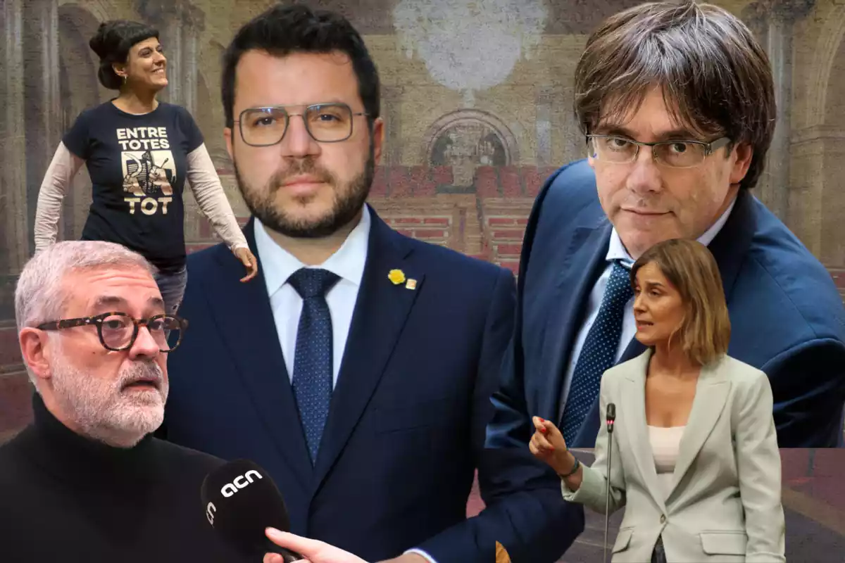 Un muntatge de Pere Aragonès, Anna Gabriel, Carles Riera, Jèssica Albiach i Carles Puigdemont