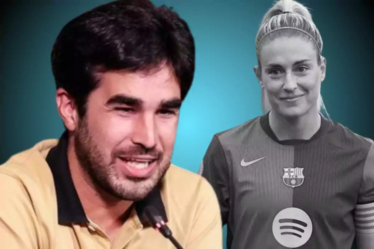 Un home parlant en un micròfon i una dona amb uniforme esportiu del FC Barcelona sobre un fons blau.
