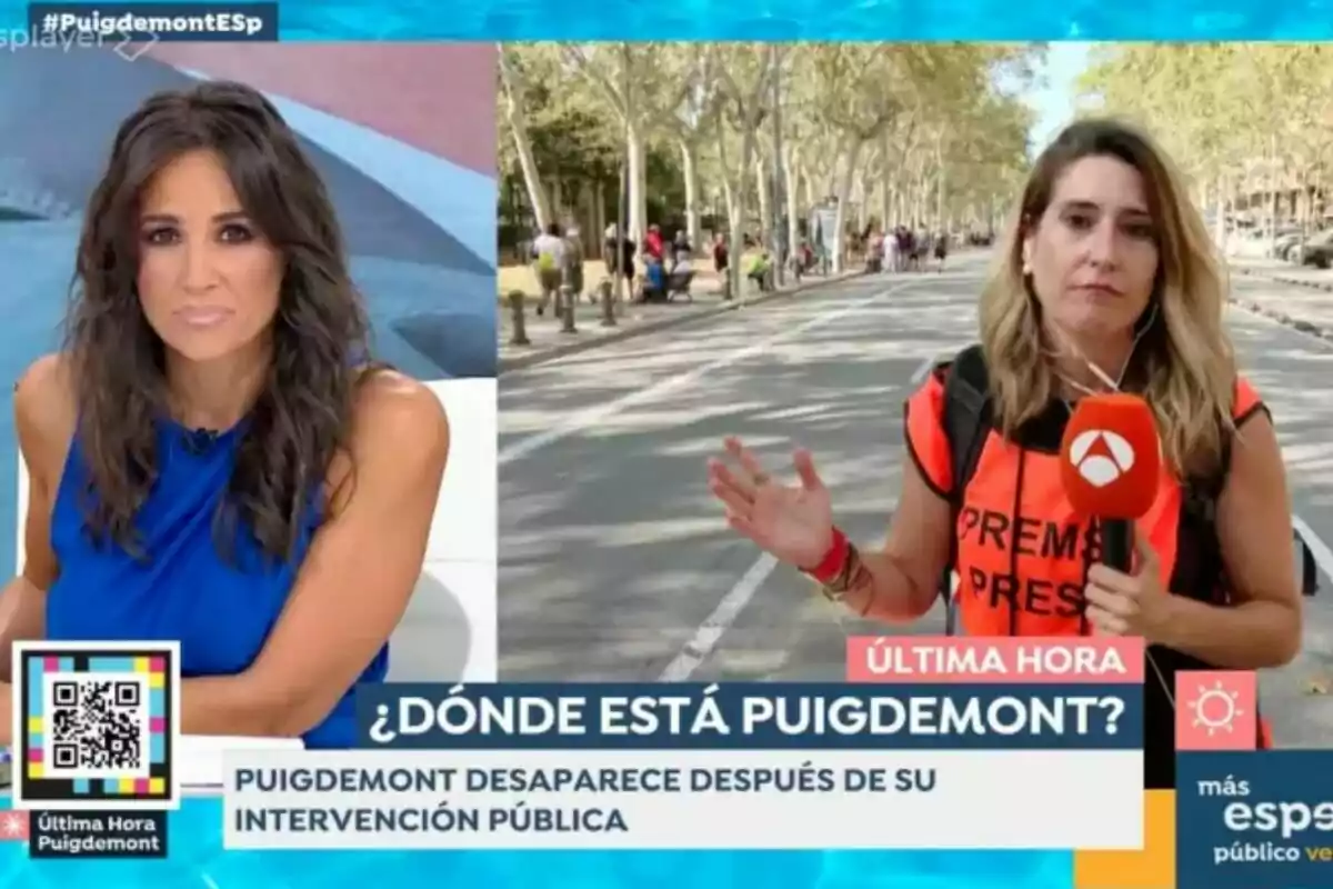 Lorena García en Espejo Público y una reportera de Antena 3 Noticias discuten la desaparición de Puigdemont después de su intervención pública.