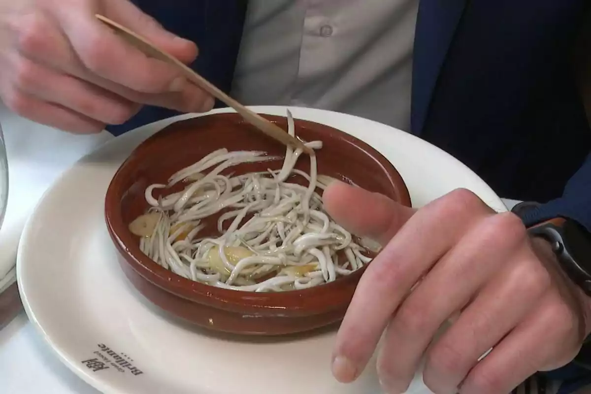 Persona menjant angules en un plat de fang amb escuradents de fusta. Persona menjant angules en un plat de fang amb escuradents de fusta.