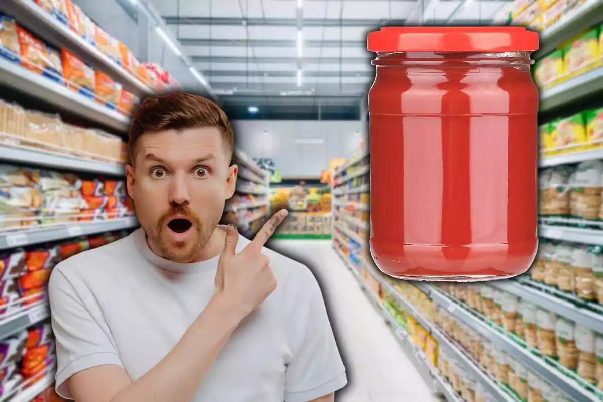 Home assenyalant un pot de tomàquet fregit en un supermercat