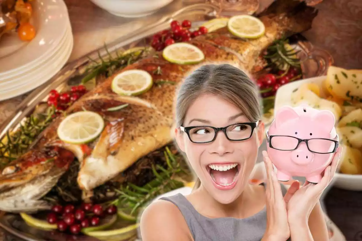 Muntatge fotogràfic entre una imatge d'un peix en un sopar de nadal i una dona contenta amb una guardiola