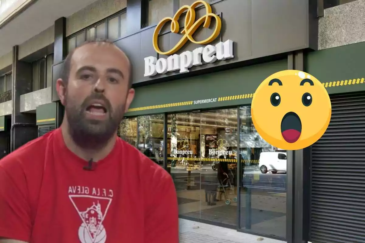 Un home amb samarreta vermella apareix davant d'un supermercat Bonpreu amb un emoji sorprès al costat.