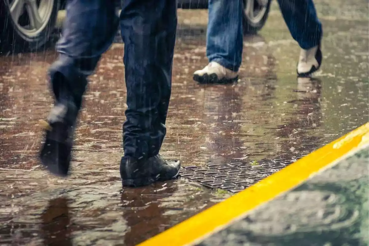 Cames de gent caminant pel carrer mentre plou