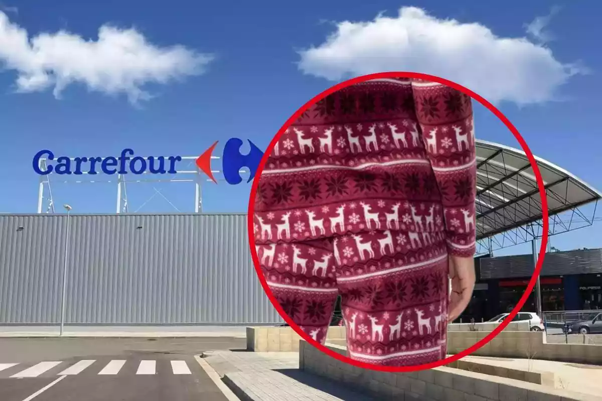 Detall de pijama de Nadal inserit en cercle vermell sobre fons de pàrquing Carrefour