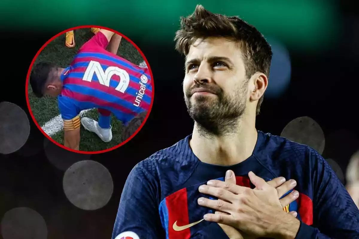 Gerard Piqué mira al cel agraït amb una imatge retallada de Pau Cubarsí al seu costat