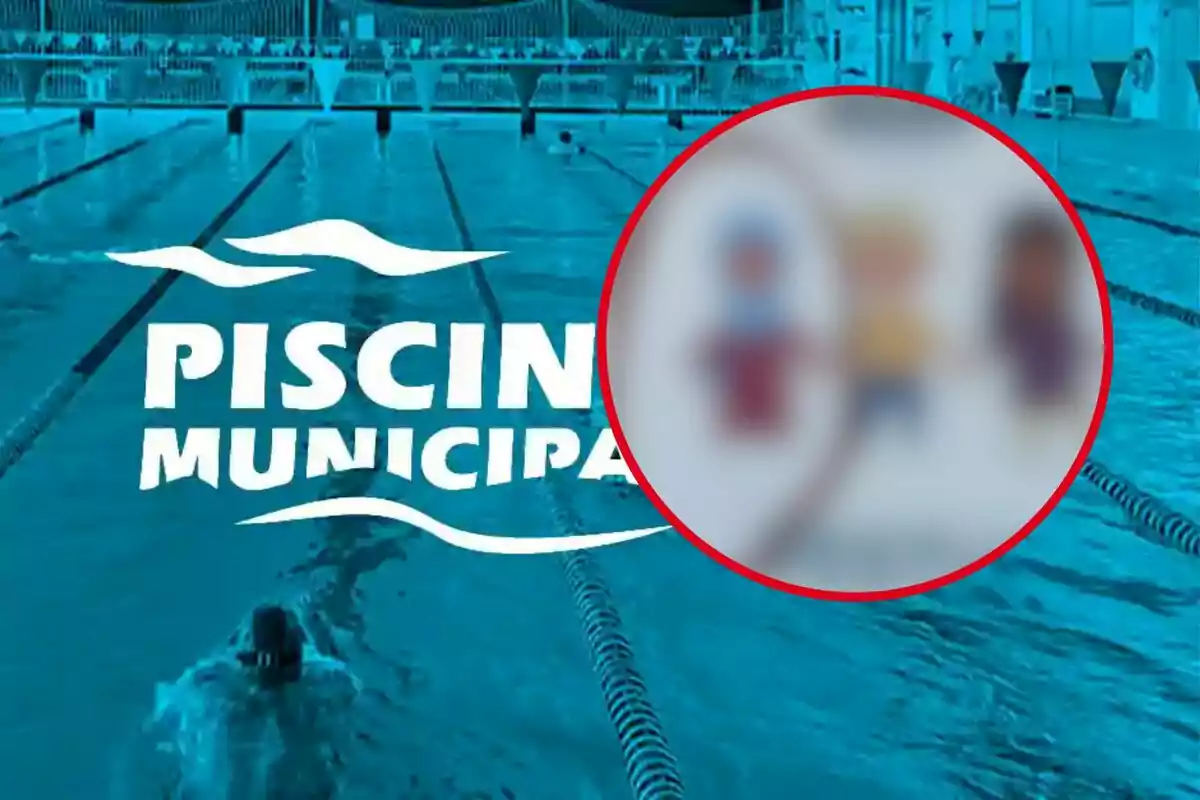 Image of a municipal pool with a red circle containing blurred figures.