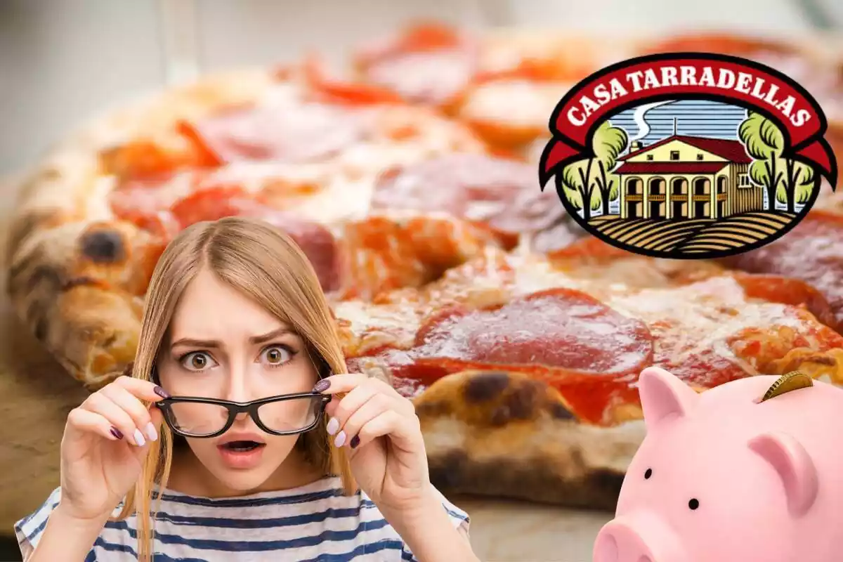 Muntatge de pizza amb el logotip de Casa Tarradellas, dona baixant-se les ulleres sorpresa pel preu i guardiola d'estalvis