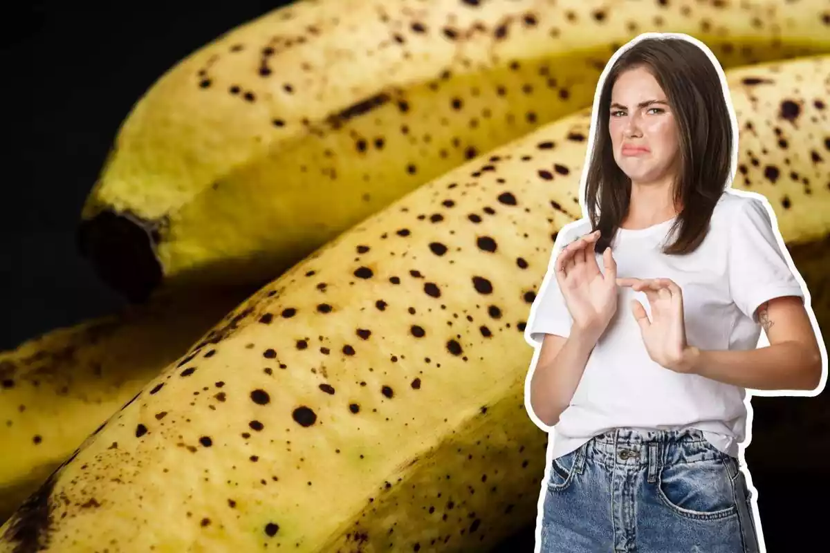 Montage with a girl and bananas with spots after spending time Montage with a girl and bananas with spots after spending time