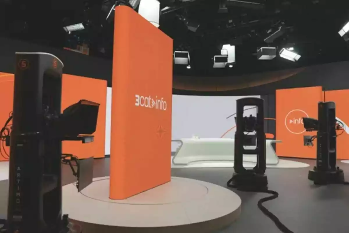 Estudi de televisió modern del Telenotícies amb càmeres professionals i panells taronges amb el logotip de 3cat info