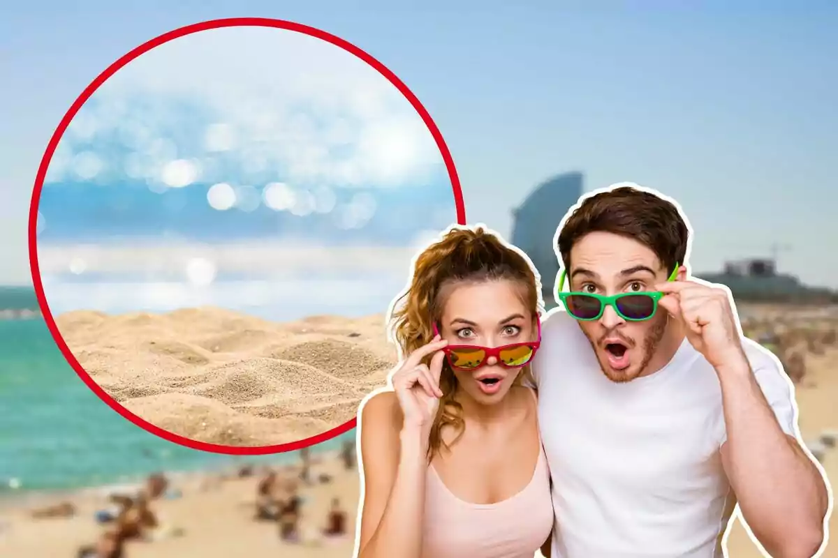 Imatge de fons de la platja de la Barceloneta desenfocada, amb una altra de sorra i mar i una altra d'una noia i un noi amb ulleres de sol i gest de sorpresa