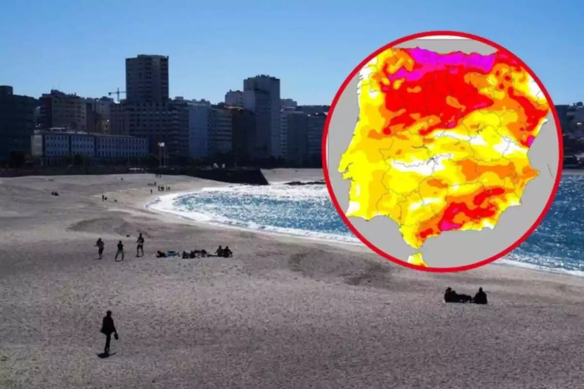 Muntatge amb gent passejant, jugant o prenent el sol a la platja i un cercle amb el mapa de temperatures