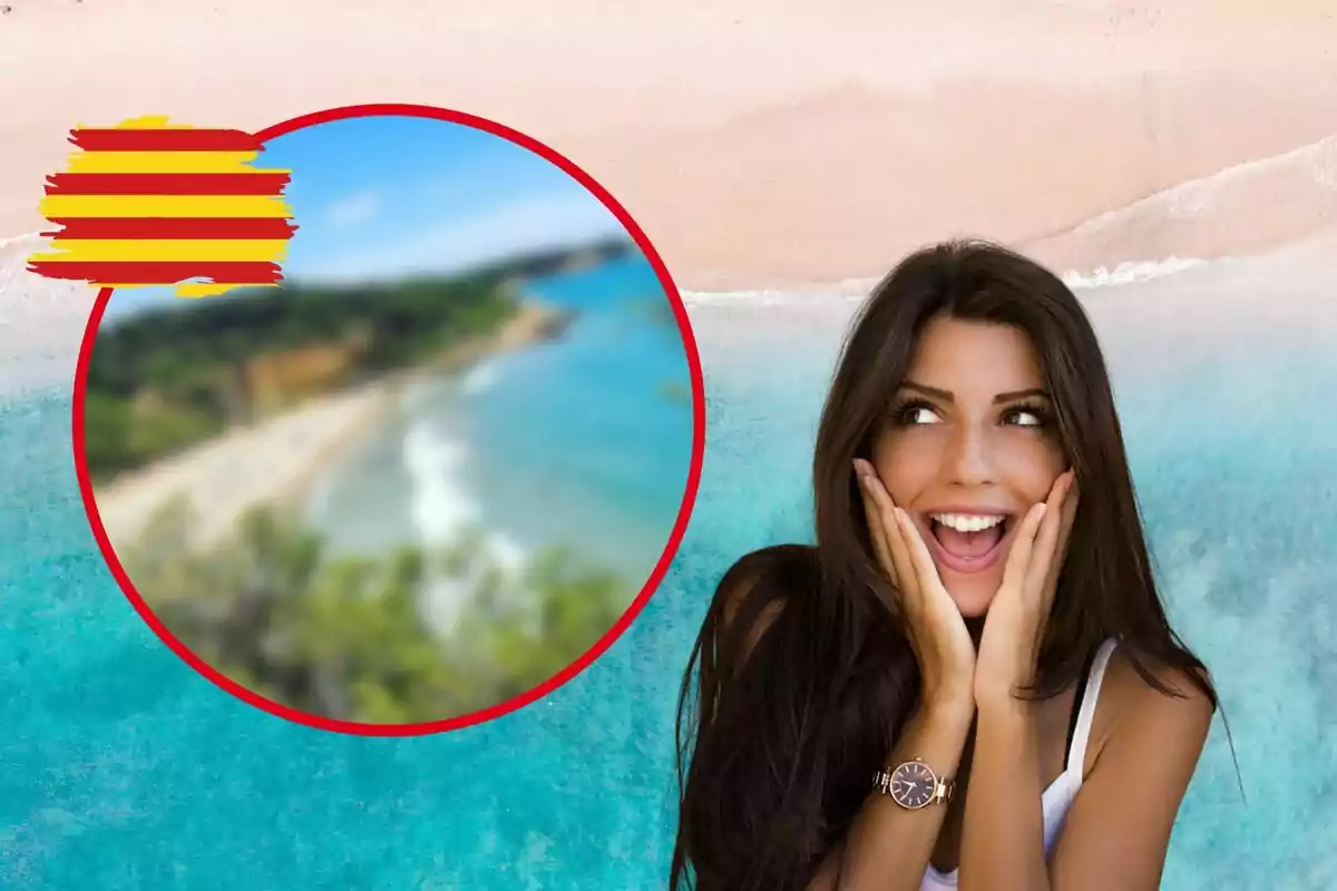 Platja de fons, noia sorpresa, cercle vermell amb foto de platja borrosa i icona de Catalunya