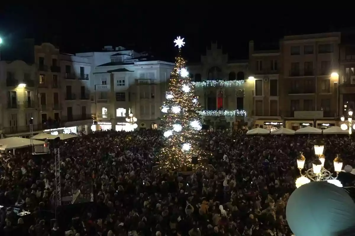 Una multitud es reuneix a una plaça il·luminada per un gran arbre de Nadal decorat amb llums brillants durant la nit.