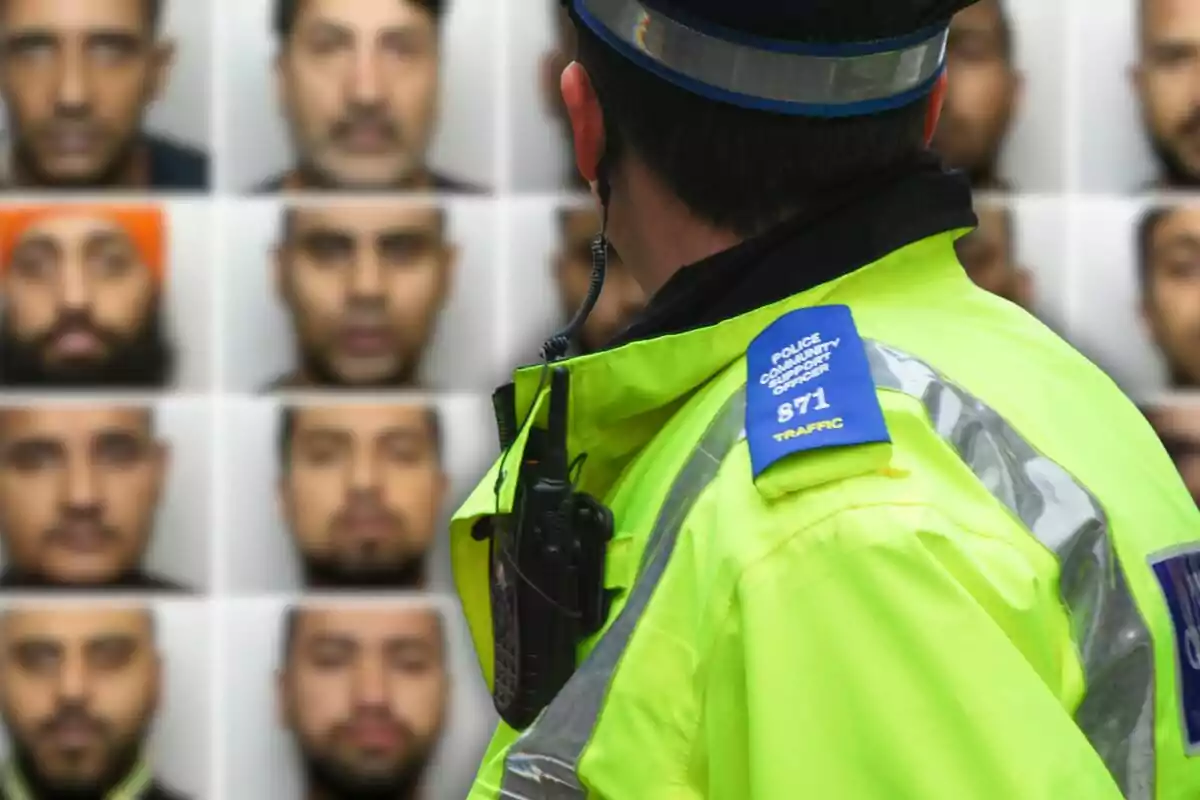 Un oficial de policía de espaldas observa una pared con fotos de personas.