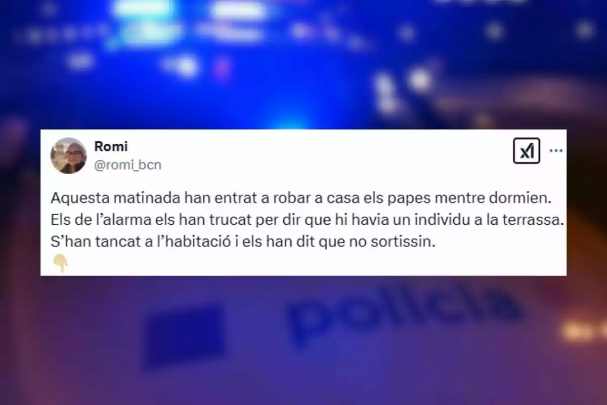 A social media post describes an incident where a house was broken into while the parents were sleeping; the alarm alerted them to an intruder on the terrace, and they locked themselves in the room following instructions not to leave.