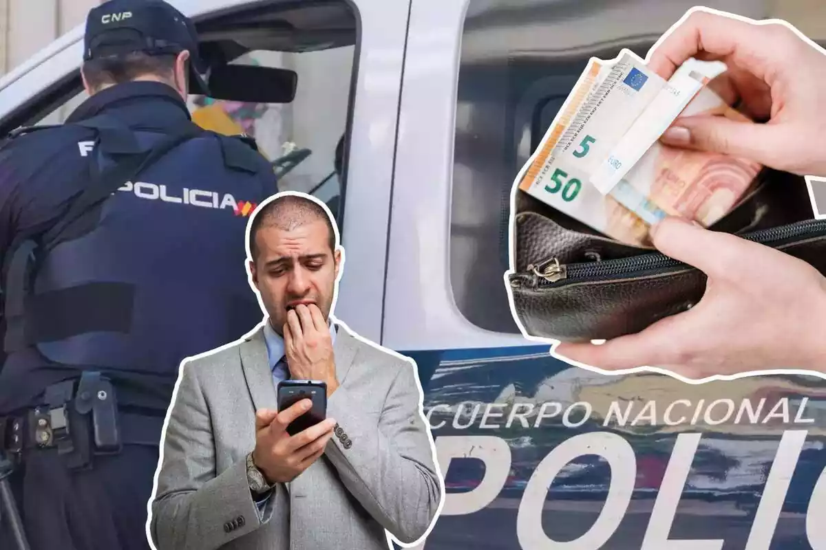 Imatge de fons d'agents de la Policia Nacional juntament amb una imatge d'un home amb gest d'ensurt i mans sostenint un moneder amb bitllets d'euros