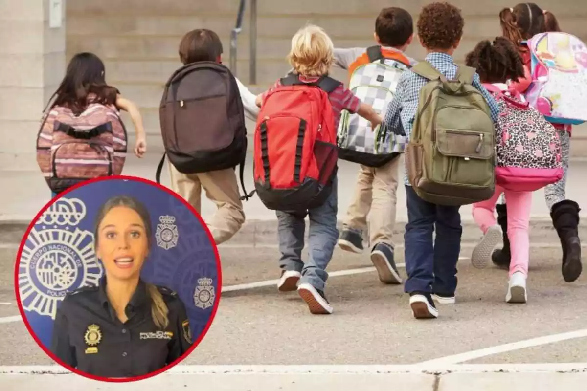 Imatge de fons de diversos nens a l'entrada d'una escola i una altra imatge d'una policia nacional