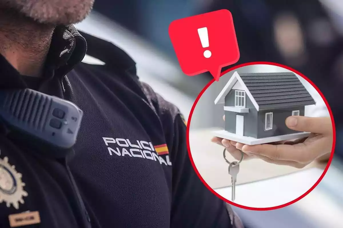 Imatge de fons d'un agent de la Policia Nacional i una altra imatge d'una persona amb una maqueta petita d'una casa a les mans i unes claus, a més d'una emoticona d'una exclamació