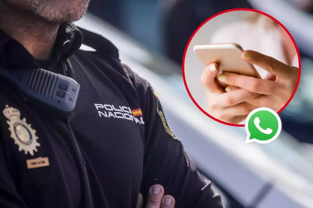 Imatge de fons d'un agent de la Policia Nacional amb una altra persona amb un mòbil a la mà i el logotip de WhatsApp