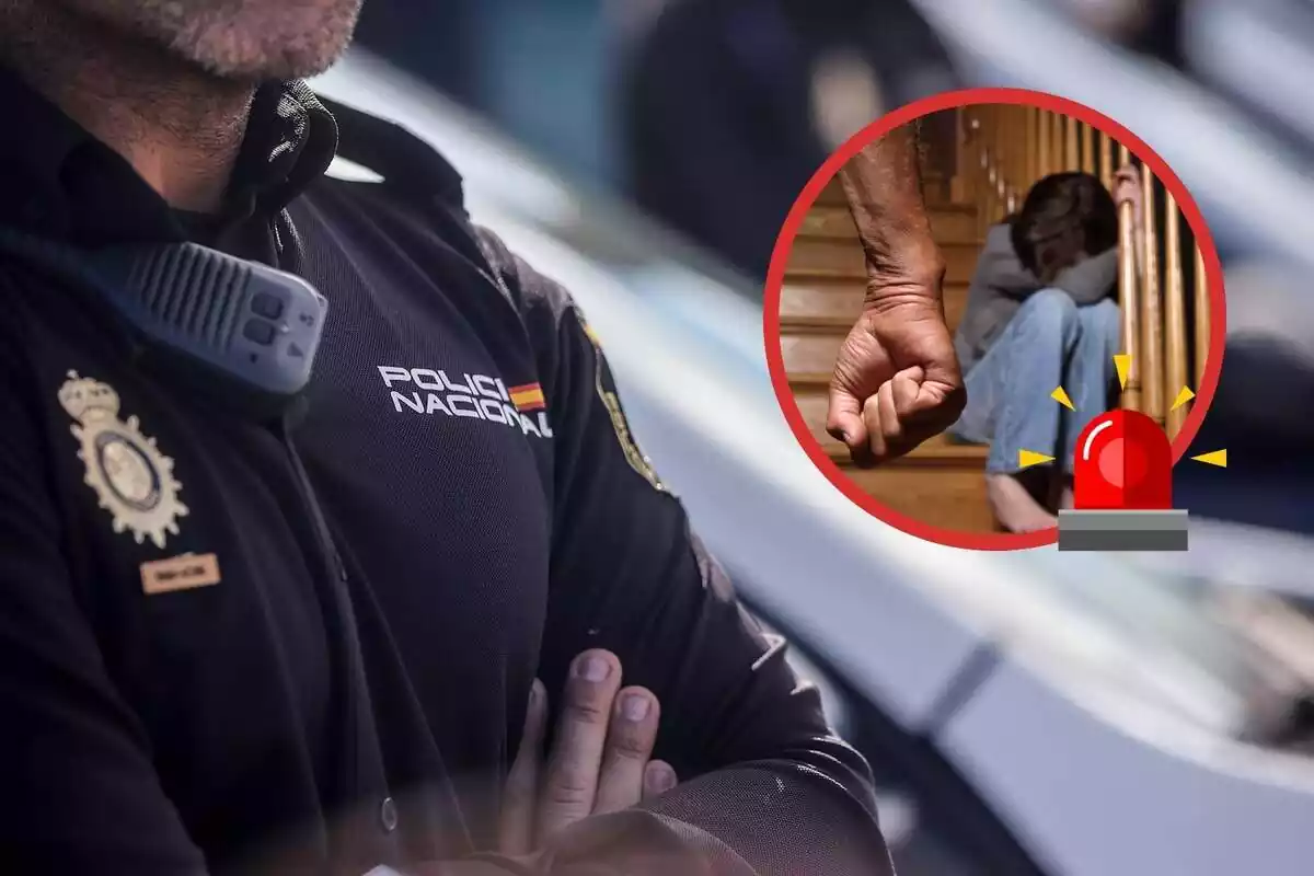 Policia Nacional braç creuats i una imatge amb un puny i un nen amagat i una alarma