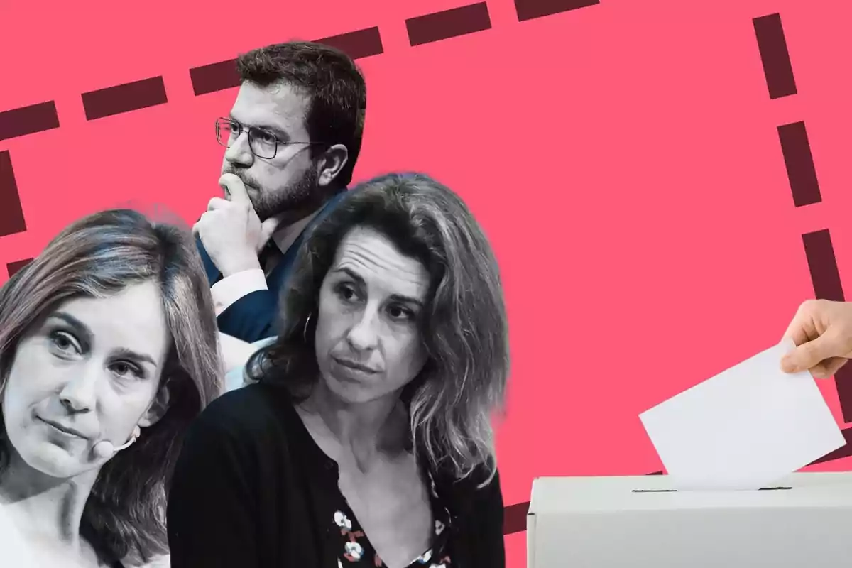 Jessica Albiach, Pere Aragonès i Laia Estrada donant l'esquena a una urna electoral