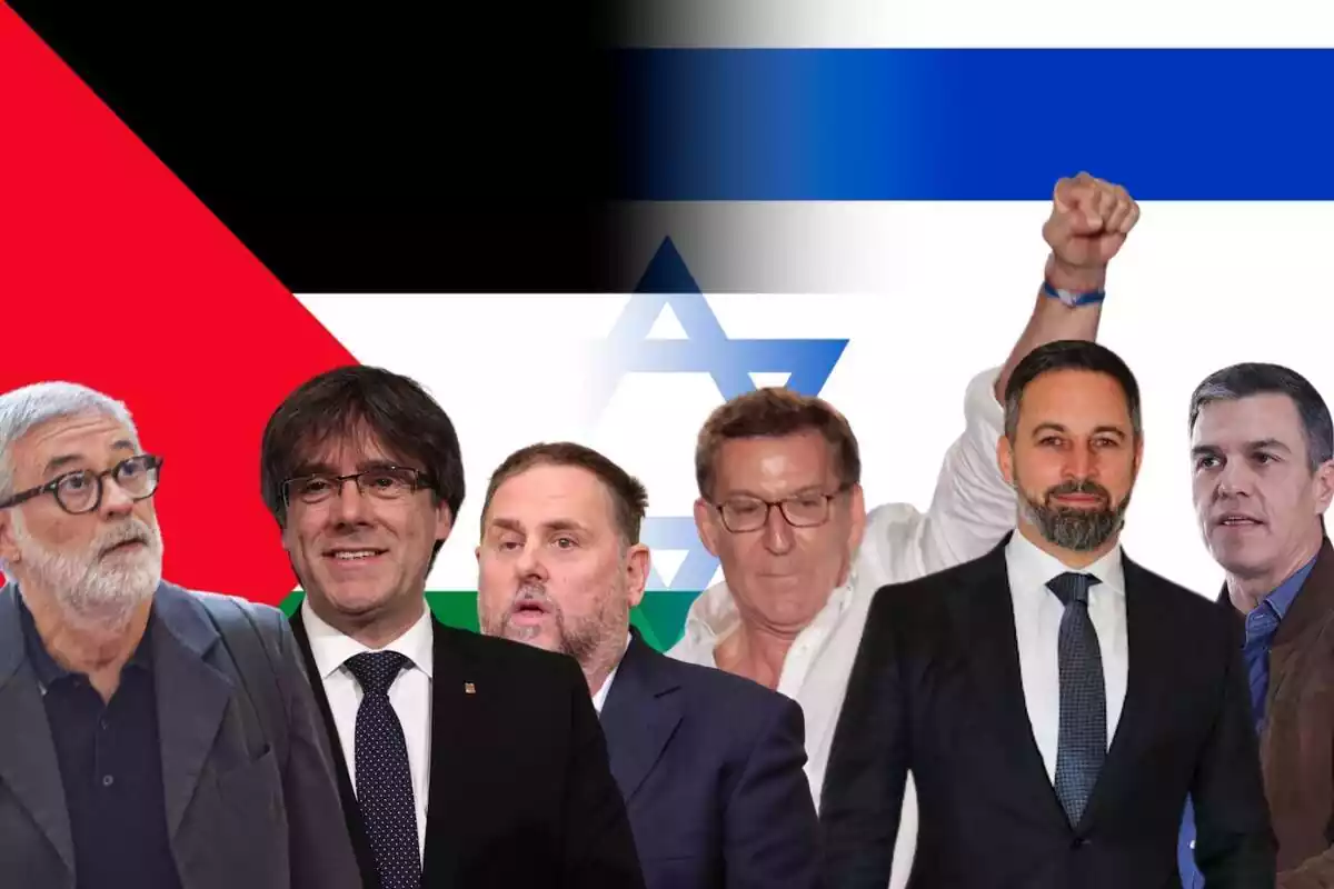 Muntatge amb els polítics espanyols Carles Riera, Carles Puigdemont, Oriol Junqueras, Alberto Núñez Feijóo, Santiago Abascal i Pedro Sánchez, amb la bandera Palestina i la d'Israel de fons