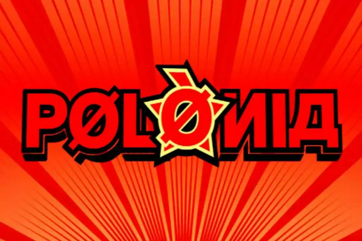 Logo de "POLONIA" en estilo gráfico sobre un fondo rojo con rayos.