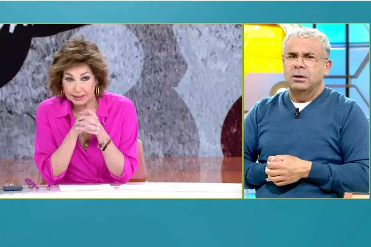 Ana Rosa Quintana i Jorge Javier Vázquez en un programa de televisió, una dona amb brusa rosa i un home amb jersei blau, tots dos en un plató de gravació.