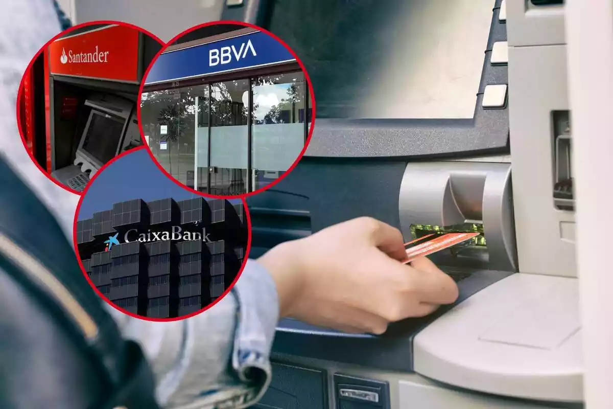 Imatge d'una persona inserint una targeta de crèdit al banc amb tres imatges destacades dels bancs següents: BBVA, Santander i CaixaBank
