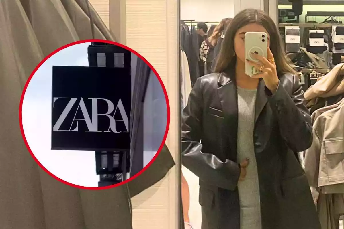 Muntatge amb noia de fons amb blazer masculina efecte pell i cercle amb logo de Zara