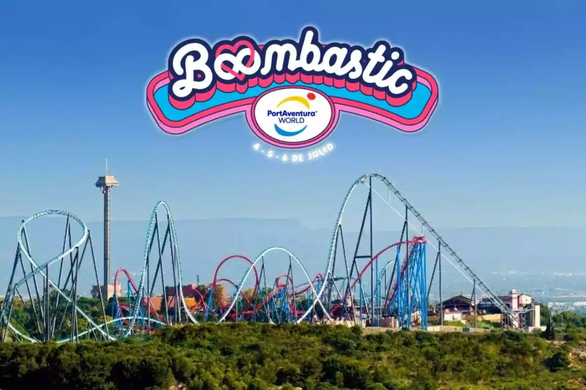 Muntatge amb atraccions de PortAventura i logo del festival Boombastic