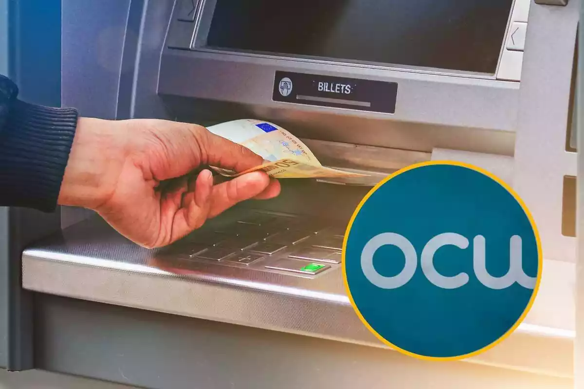 Muntatge amb persona en caixer automàtic amb bitllets a la mà i cercle groc amb logo de l'OCU