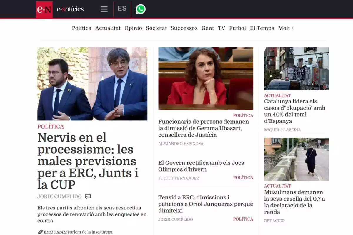 Captura de pantalla de la nova portada de l'E-Notícies en versió en castellà