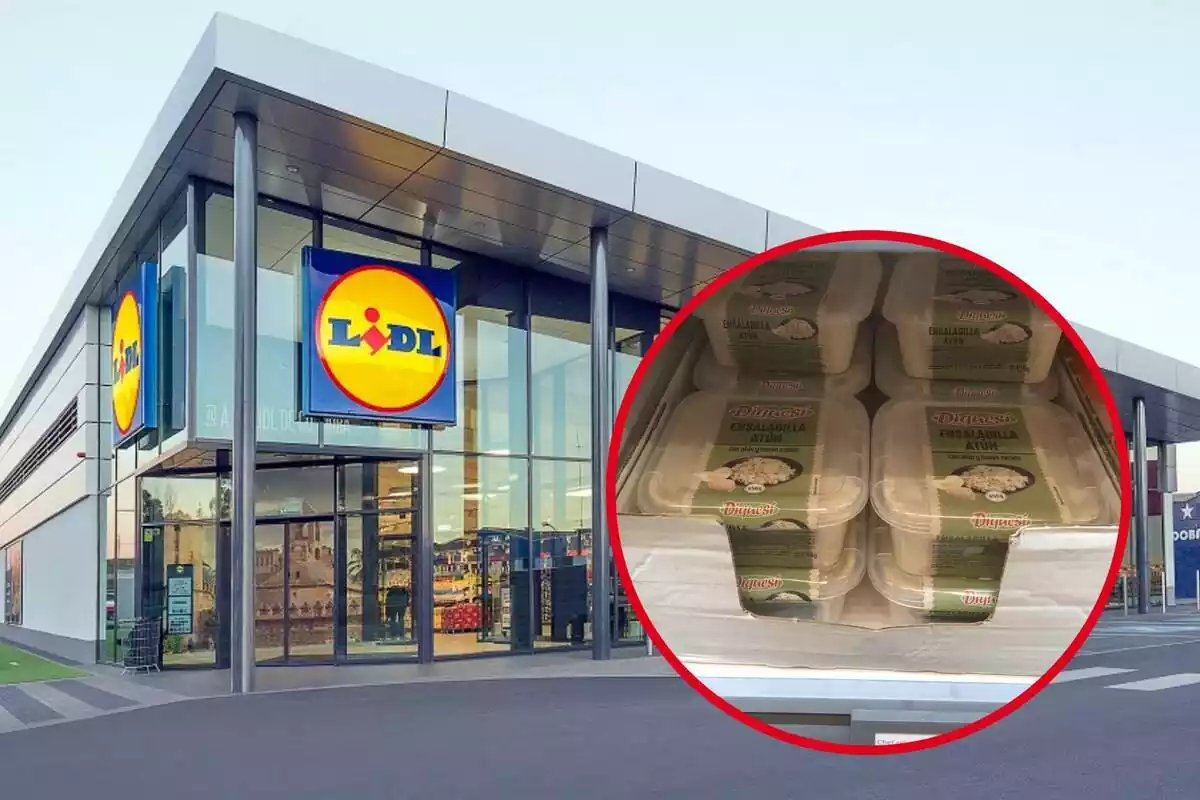 Muntatge amb establiment de Lidl i cercle vermell amb envasos d'ensalada russa