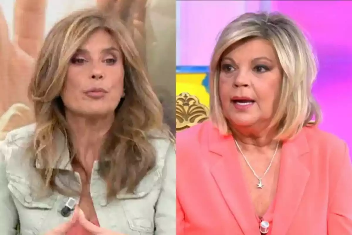 Gema López i Terelu Campos apareixen en un programa de televisió, una amb cabell llarg i castany clar i l'altra amb cabell ros i curt, ambdues estan vestides de manera elegant i semblen estar participant en una conversa o debat.