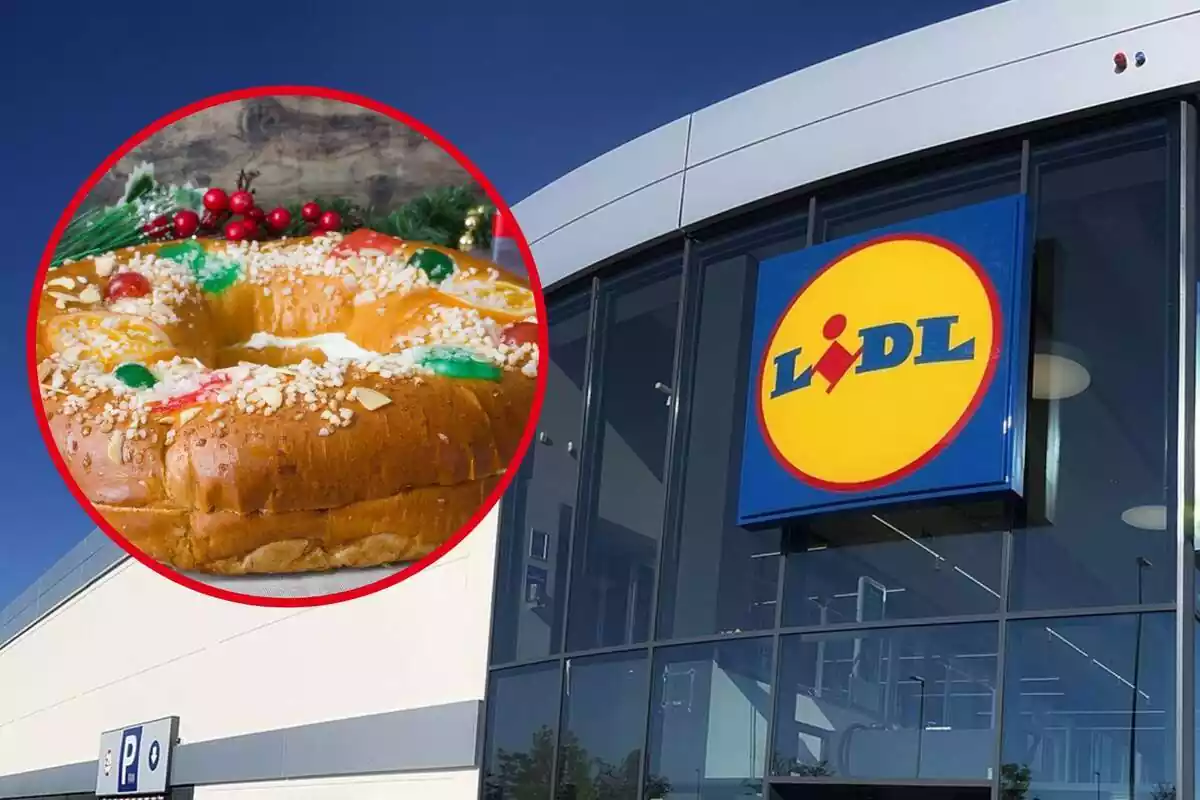 Façana de Lidl amb una imatge destacada d'un tortell de reis