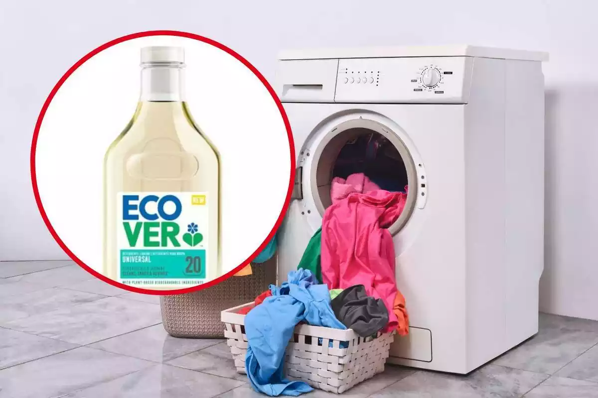 Muntatge amb rentadora i roba sortint-ne i cercle vermell amb pot de detergent Ecovergente