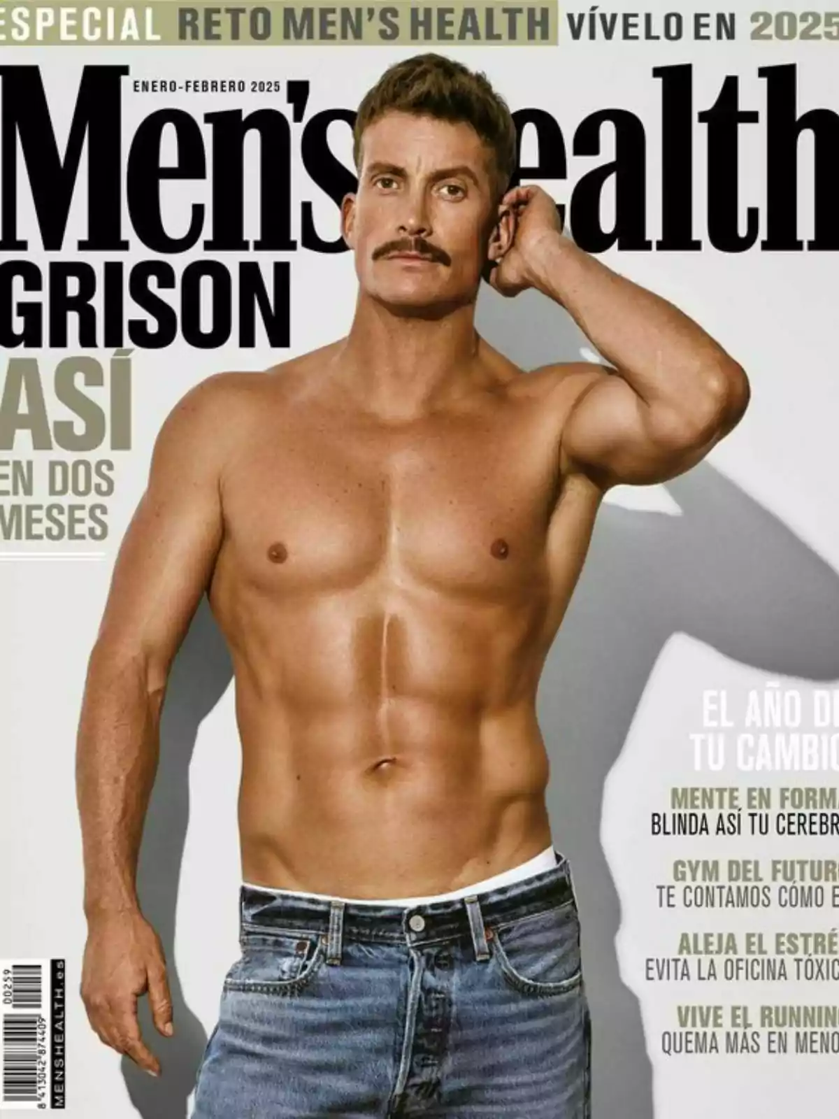 Portada de la revista Men's Health amb Grison musculós posant sense camisa i usant texans.