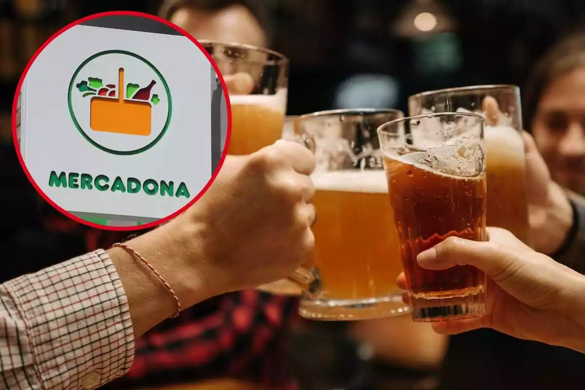 Persones fent un brindis amb cervesa i una imatge destacada de Mercadona a l'esquerra