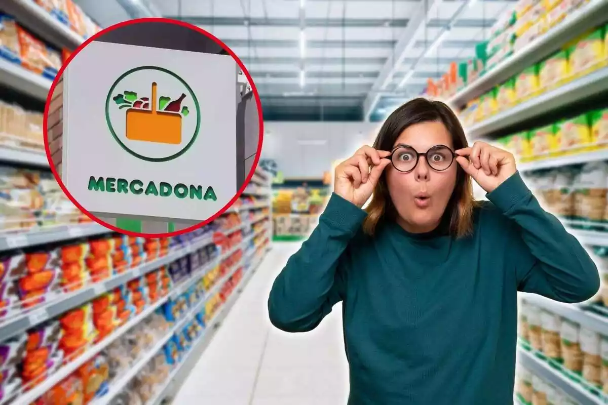 Muntatge amb dona amb ulleres sorpresa al supermercat i logo de Mercadona