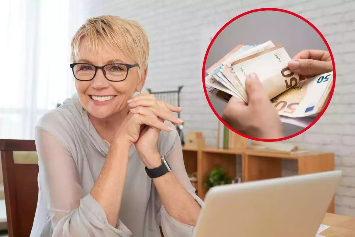 Dona contenta davant d'un ordinador amb una imatge destacada a la dreta de bitllets d'Euro